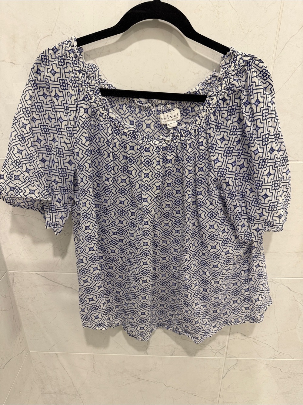 Velvet by Graham & Spencer White Blouse with Blue Geometric Print